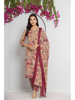 Varanga - Women Pink V Neck Printed Kurta With Pant And Dupatta (Set of 3)