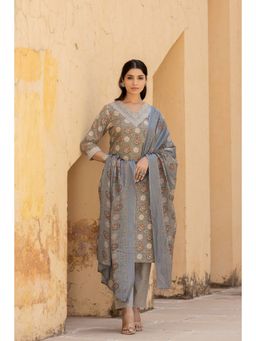 Varanga - Women Grey V Neck Printed Kurta With Pant And Dupatta (Set of 3)