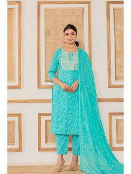 Varanga - Women Blue Floral Printed Kurta With Pant And Dupatta (Set of 3)