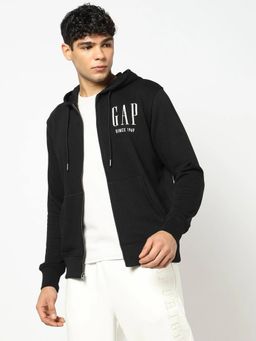 GAP - Men Black Cotton Blend Embroidered Hoodie