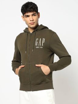 GAP - Men Olive Cotton Blend Embroidered Hoodie