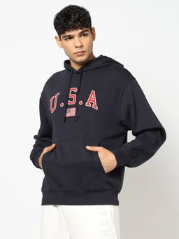 GAP - Men Navy Blue Cotton Blend Typography Hoodie