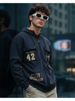 Bewakoof - Men Blue Fleece Typography Hoodie