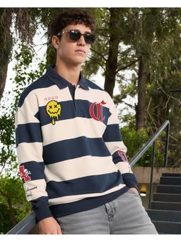 Bewakoof - Men Beige Cotton Blend Stripes Sweatshirt