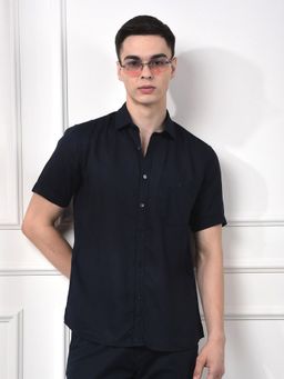 CRIMSOUNE CLUB - Men Navy Blue Linen Shirt