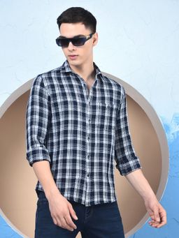 CRIMSOUNE CLUB - Men Navy Blue Checked Cotton Knitted Shirt