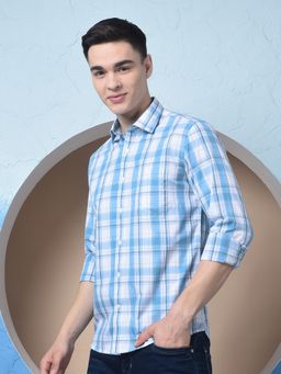 CRIMSOUNE CLUB - Men Blue Checked Cotton Shirt
