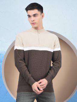 CRIMSOUNE CLUB - Men Beige Cotton Colorblock Sweater