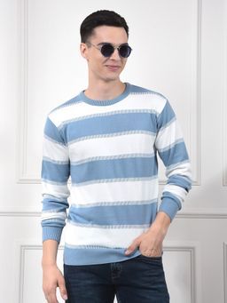 CRIMSOUNE CLUB - Men Blue Cotton Stripes Sweater