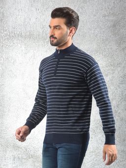 CRIMSOUNE CLUB - Men Navy Blue Acrylic Blend Stripes Sweater