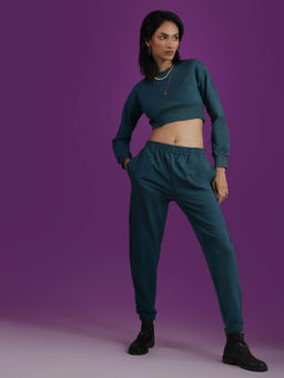 Label Ritu Kumar - Teal Solid Sweatshirt with Joggers Pant Set (Set of 2)
