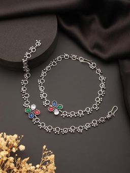 Saraf RS Jewellery - Oxidised Plated Multicoloured Stone Studded Delicate Floral Payal Anklet