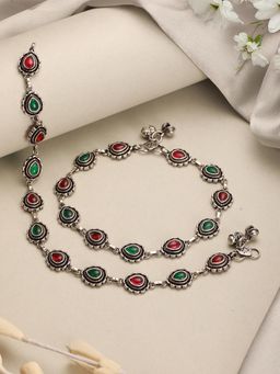 Saraf RS Jewellery - Oxidised Ruby Red and Green Stone Studded Minimal Bridal Dailywear Anklet Payal
