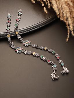Saraf RS Jewellery - Oxidised Multi Colored Stone Studded Peacock and Flower Minimal Anklet Payal