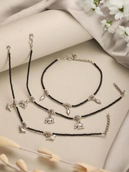 Saraf RS Jewellery - Pack of 3 Black Beads Minimal Thread Bird Elephant leaf Motif Anklet Payal