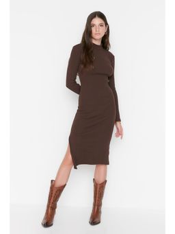 Trendyol - Womens Brown Ribbed Knee Length Dress