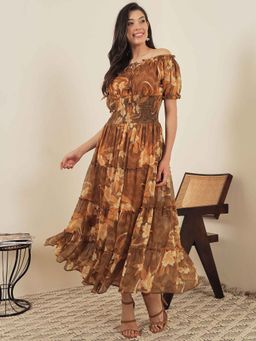 RARE - Brown Printed A-Line Dress