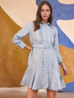 RARE - Blue Solid A-Line Dress and Belt (Set of 2)