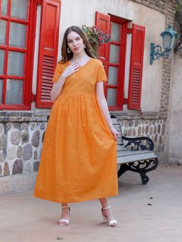 PEPPINOS - Mustard Embroidered A-Line Dress