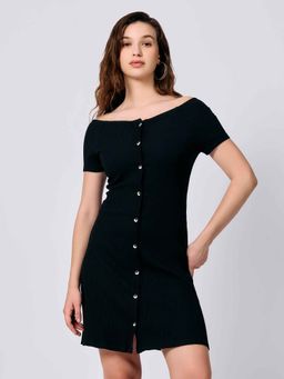 Outzidr - Navy Blue Solid Straight Dress