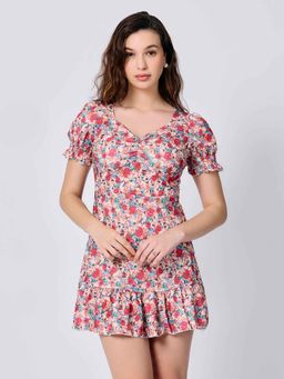 Outzidr - Pink Floral Flared Dress