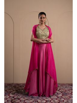 LABEL TANYA CHOPRA - Mint Green and Pink Blouse and Skirt with Dupatta (Set of 3)