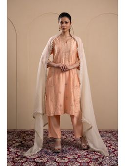 LABEL TANYA CHOPRA - Peach and Cream Kurta with Trouser and Dupatta (Set of 3)