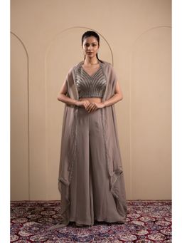 LABEL TANYA CHOPRA - Grey Georgette Blouse and Palazzos with Dupatta (Set of 3)