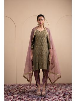 LABEL TANYA CHOPRA - Olive Green Chanderi Kurta and Dhoti with Dupatta (Set of 3)