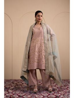 LABEL TANYA CHOPRA - Pink Chanderi Kurta and Trouser with Dupatta (Set of 3)