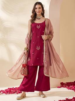 Gahan - Pink Silk Blend Zari Embroidered Straight Kurta with Palazzo & Dupatta