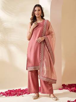Gahan - Peach Silk Blend Zari Embroidered Straight Kurta with Palazzo & Dupatta