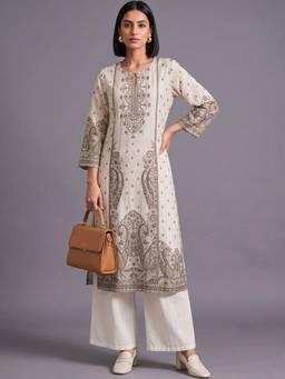 Gahan - Womens Cream Printed Kurta with Palazzo