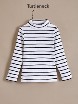Hopscotch - White Nautical Stripes Ribbed Turtle Neck T-shirt