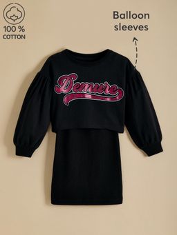 Hopscotch - 2-Pc Black Balloon Sleeve Layered Dress with Sweatshirt