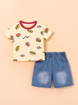 Hopscotch - 2-Pc Beige Fast Food Motif T-shirt & Shorts