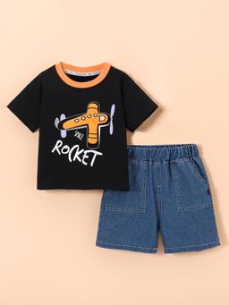 Hopscotch - 2-Pc Black Rocket Applique T-shirt & Shorts
