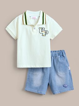 Hopscotch - 2-Pc White Stripe Collar Embroidered Polo T-shirt & Shorts