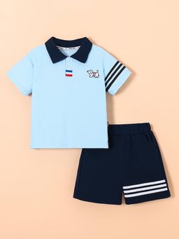 Hopscotch - 2-Pc Blue Preppy Striped Polo T-shirt & Shorts