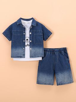 Hopscotch - 3-Pc Gradient Denim Shirt with T-shirt & Shorts