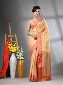 CHARUKRITI - Peach Floral Motifs Tissue Silk Zari Border Saree with Unstitched Blouse