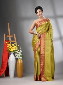 CHARUKRITI - Sap Green Floral Motifs Tissue Silk Zari Border Saree with Unstitched Blouse