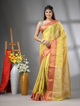 CHARUKRITI - Mustard Floral Motifs Tissue Silk Zari Border Saree with Unstitched Blouse
