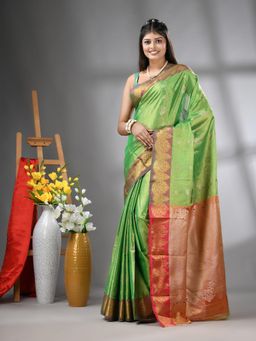 CHARUKRITI - Green Floral Motifs Tissue Silk Zari Border Saree with Unstitched Blouse