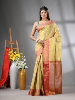 CHARUKRITI - Beige Floral Motifs Tissue Silk Zari Border Saree with Unstitched Blouse