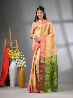 CHARUKRITI - Peach Texture Motifs Tissue Silk Zari Border Saree with Unstitched Blouse