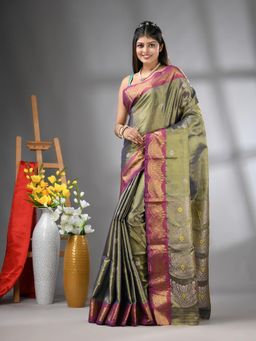 CHARUKRITI - Copper Texture Motifs Tissue Silk Zari Border Saree with Unstitched Blouse