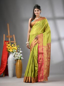 CHARUKRITI - Light Green Texture Motifs Tissue Silk Zari Border Saree with Unstitched Blouse