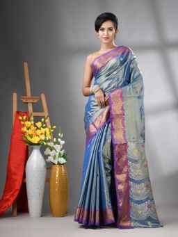 CHARUKRITI - Blue Texture Motifs Tissue Silk Zari Border Saree with Unstitched Blouse