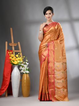 CHARUKRITI - Orange Texture Motifs Tissue Silk Zari Border Saree with Unstitched Blouse